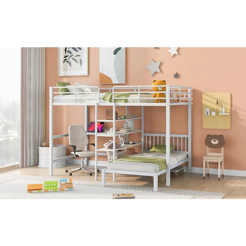 Harper & Bright Designs Full Over Twin Metal Bunk Bed with Built-in Desk, Shelves and Ladder, White