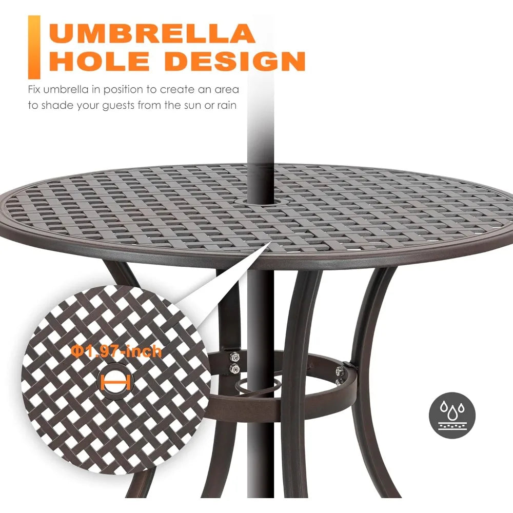 5 Piece Outdoor Patio Dining Set, All-Weather Round Cast Aluminum Dining Table with 1.97" Umbrella Hole and Outdoor Patio Dinin