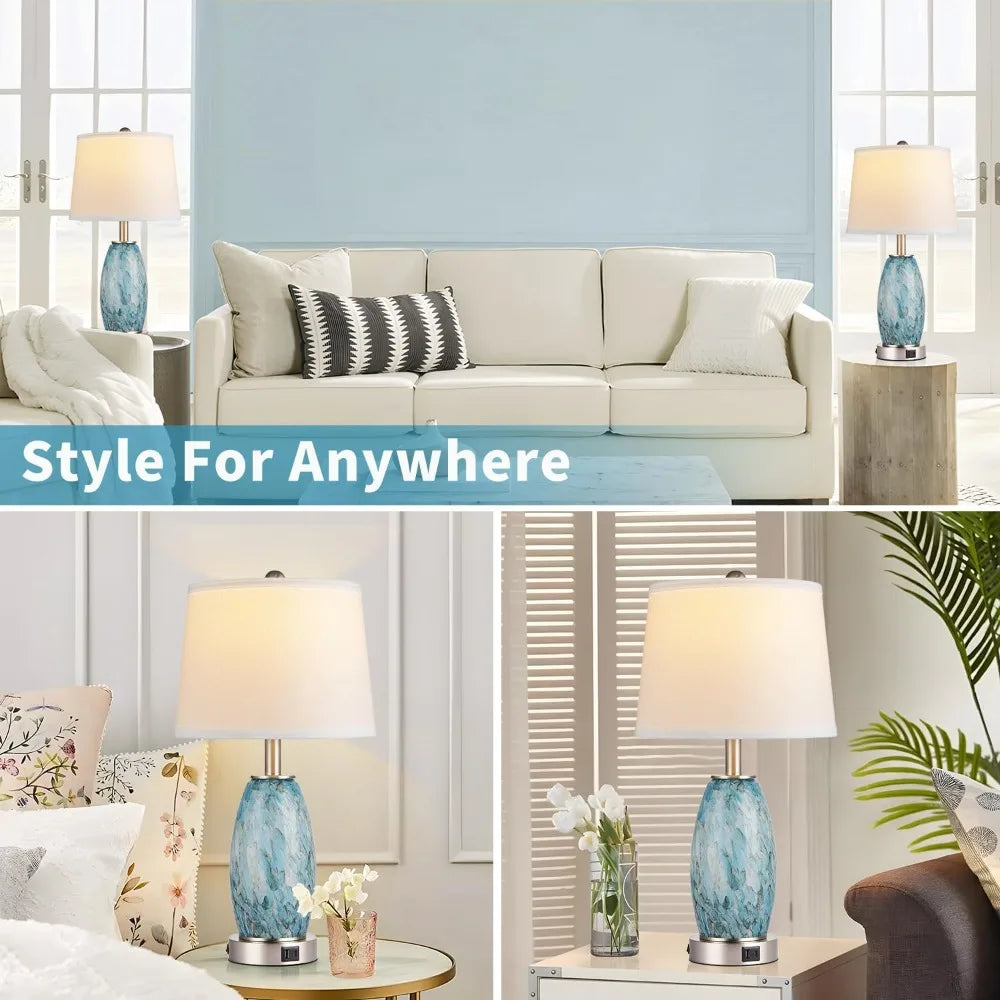 Table Lamps Set of 2 with 3-Way Lighting Modes, USB & Type C Ports - Coastal Modern Style Glass Nightstand Lamps for Living Room