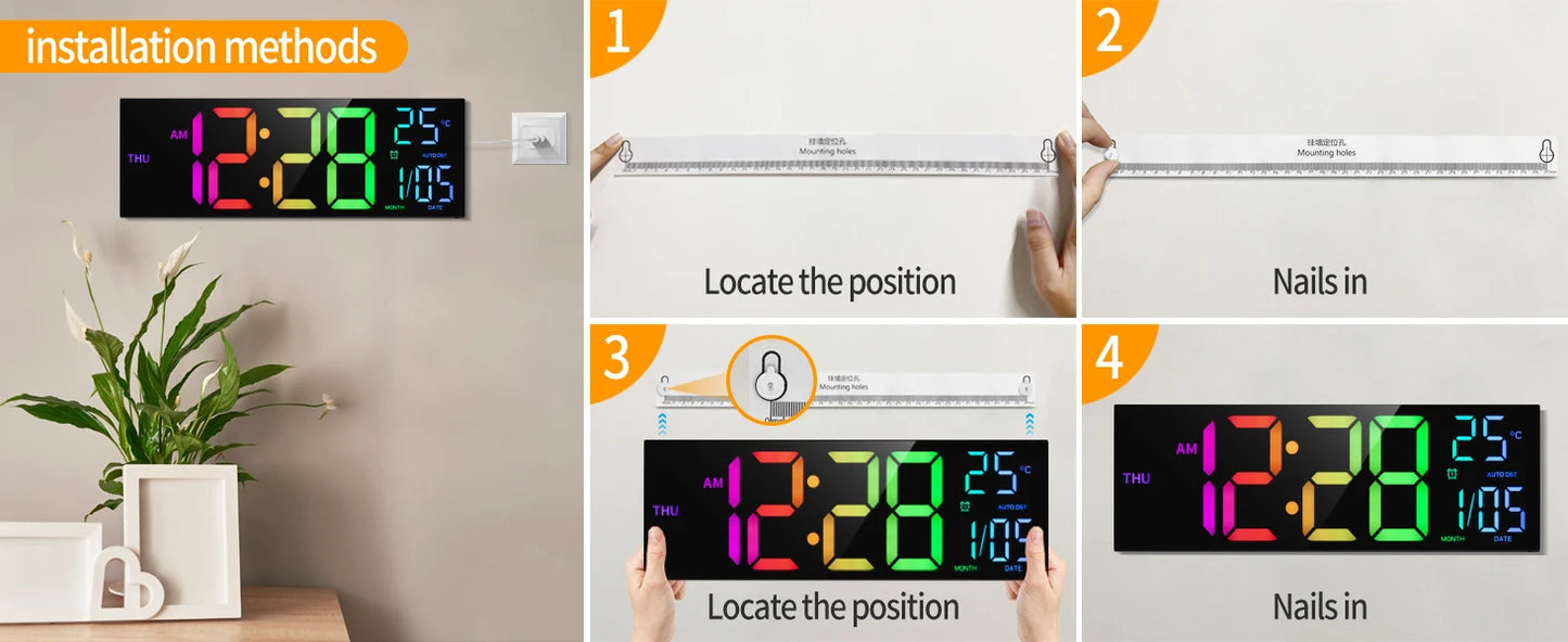 16 Inch Large Digital Wall Clock With Remote RGB LED Display Alarm Temperature For Living Room And Kitchen