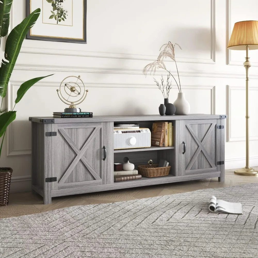 Modern Farmhouse TV Stand with Two Barn Doors and Storage Cabinets,Living Room Furniture,Entertainment Center Console Table
