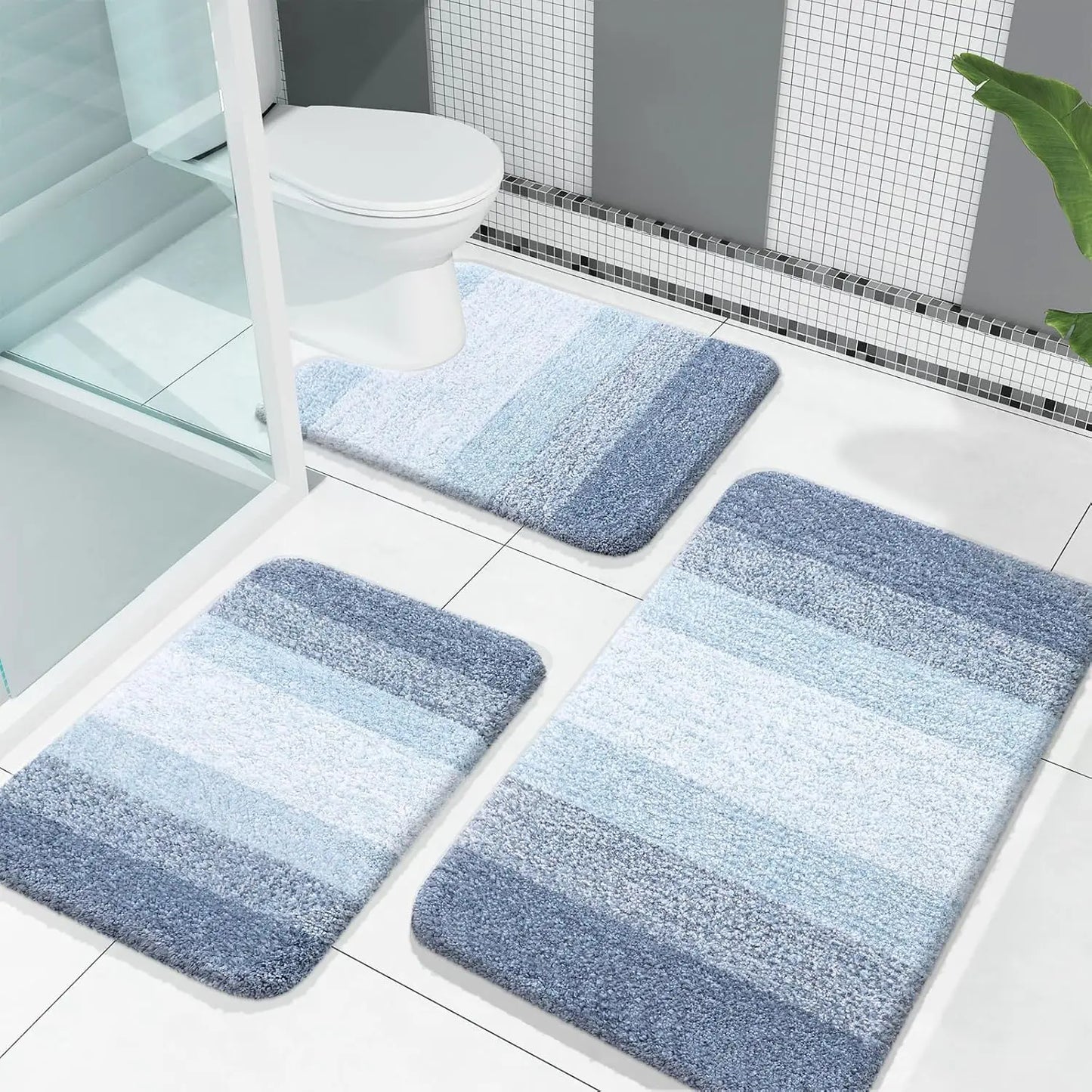 Bathroom Rugs Sets 3 Piece, Soft Absorbent Microfiber Bath Mats and U-Shaped Contour Toilet Rug, Plush Shaggy Bath Mat Se