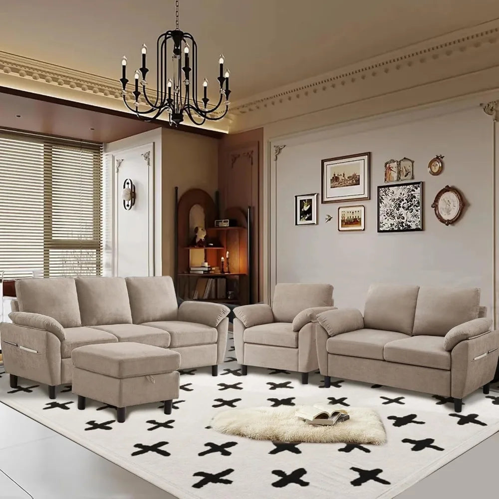 4 Piece Convertible Sectional Sofa Set, Modern Linen Small L Shaped Couch with Reversible Chaise, 3-Seater Sofa & Loveseat & Arm