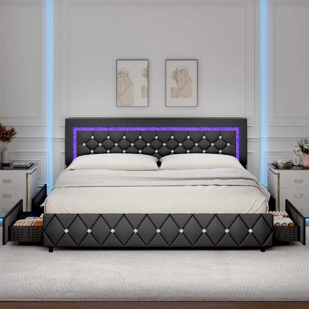 Luxurious King Size Bed Frame With LED Lighting And Storage