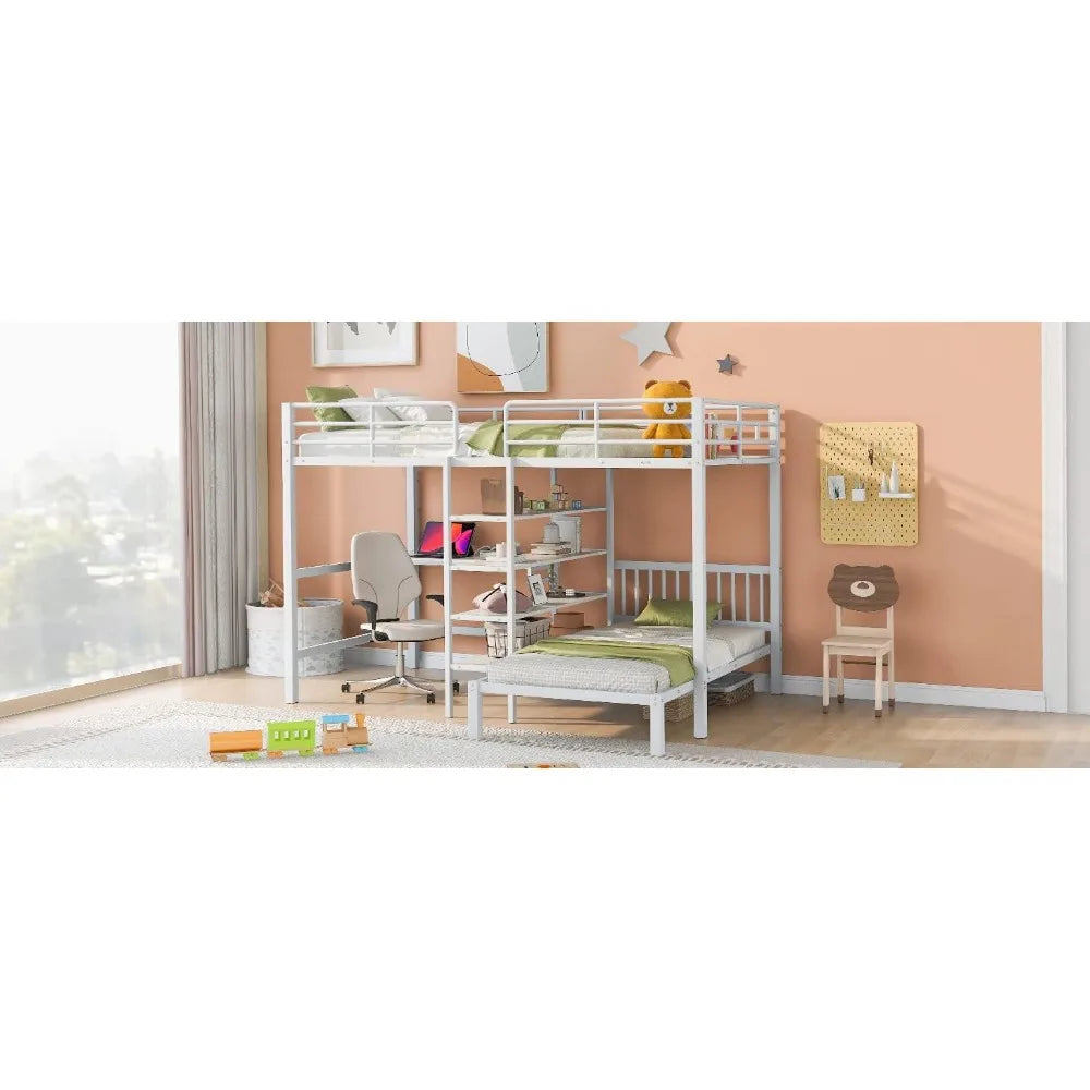 Harper & Bright Designs Full Over Twin Metal Bunk Bed with Built-in Desk, Shelves and Ladder, White