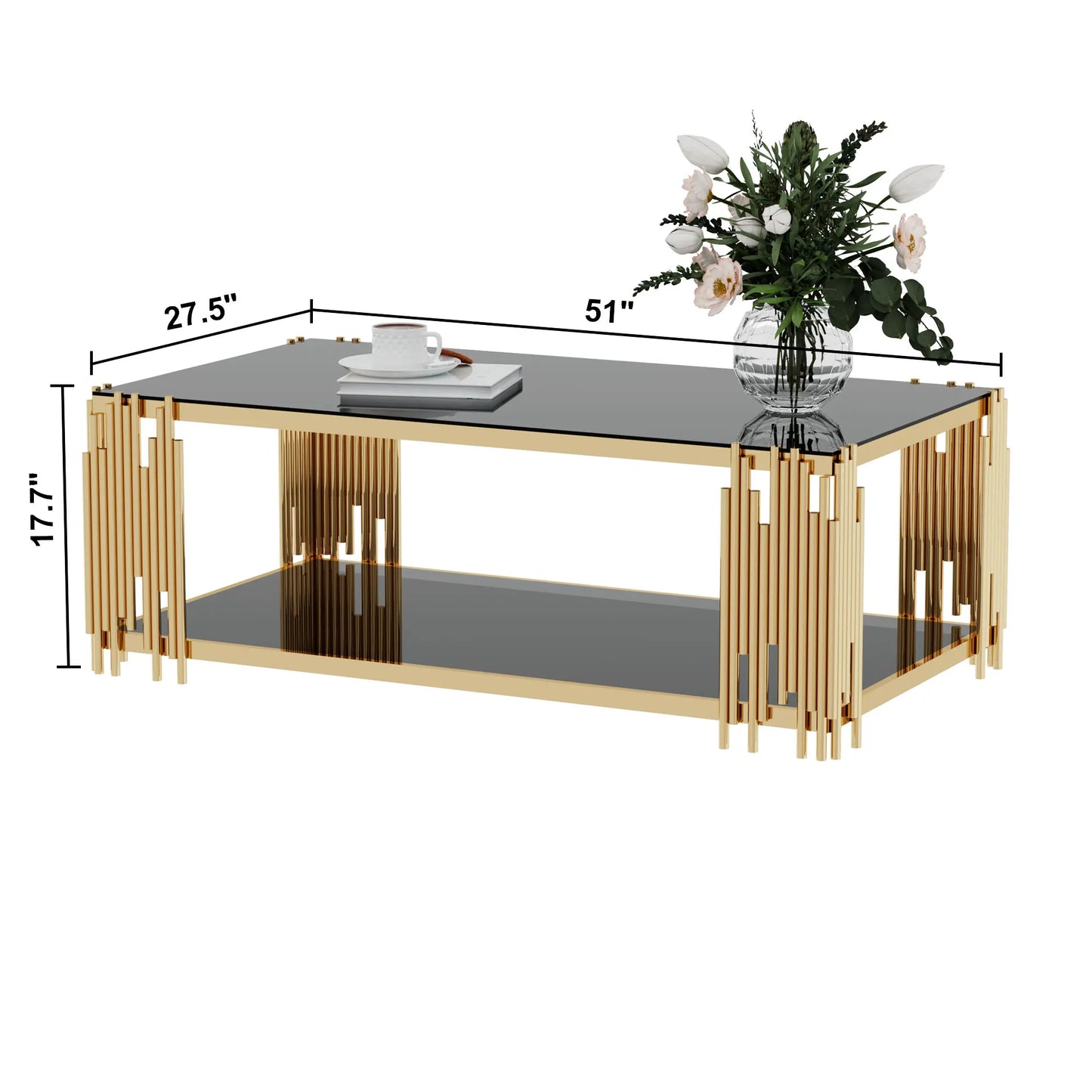 Rectangular Stainless Steel Glass Coffee Table With Gold Legs