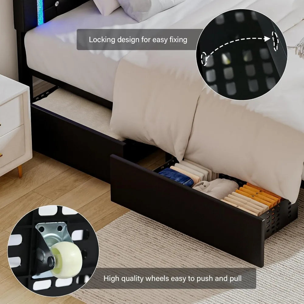Luxurious King Size Bed Frame With LED Lighting And Storage