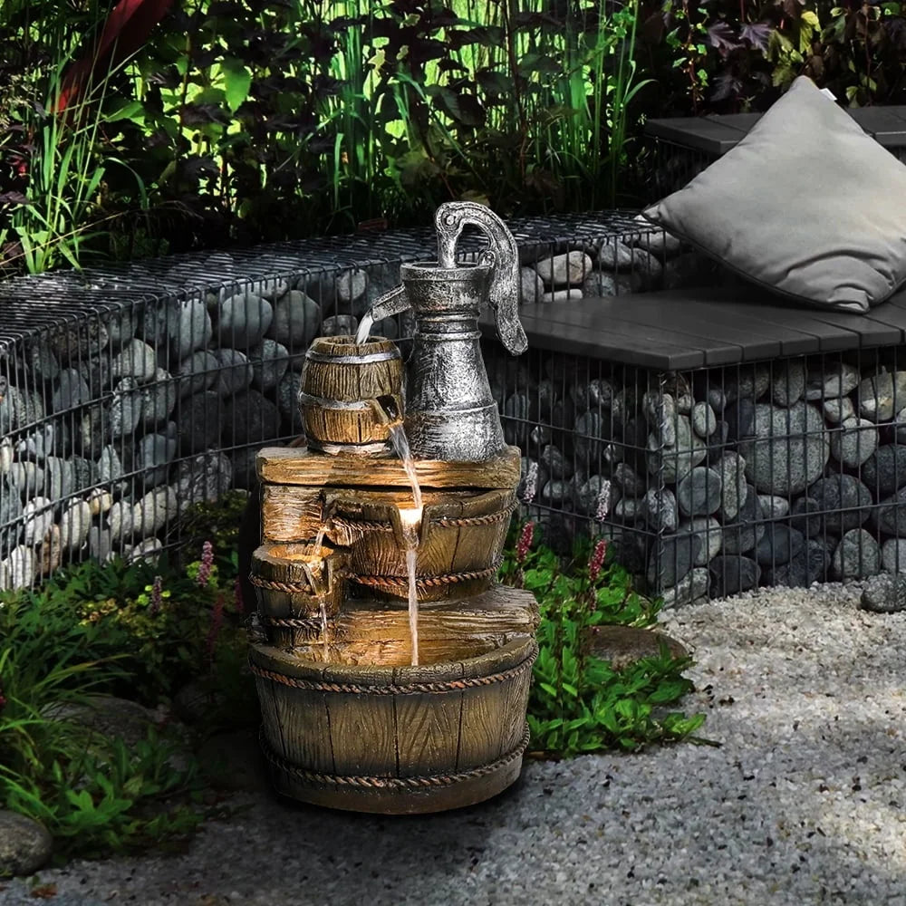 Rustic Barrel Five Tier Outdoor Fountain With LED Lights