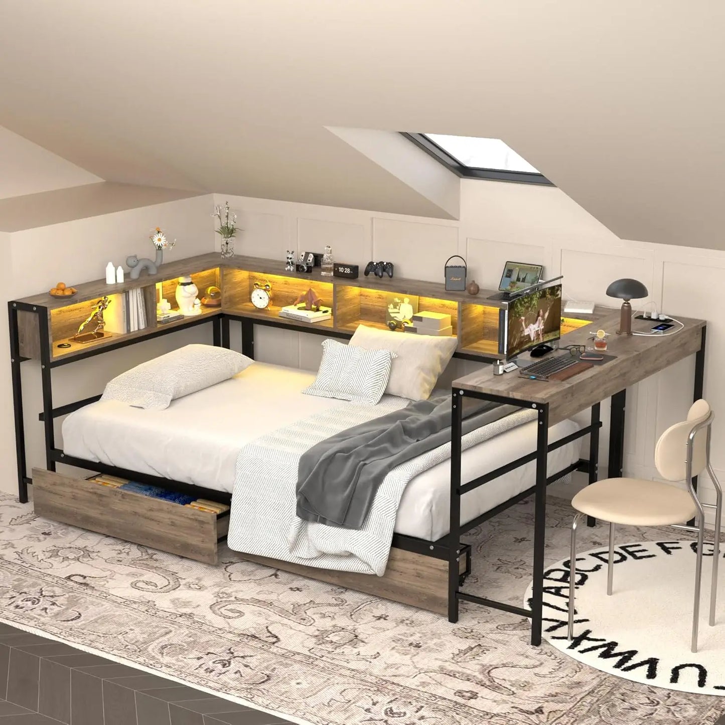 Corner Bed Frame With Storage Bookcase And LED Charging Station Metal Platform Twin Daybed With Drawers