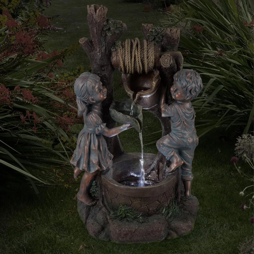 Outdoor Fountain With Cascading Waterfall And LED Lights