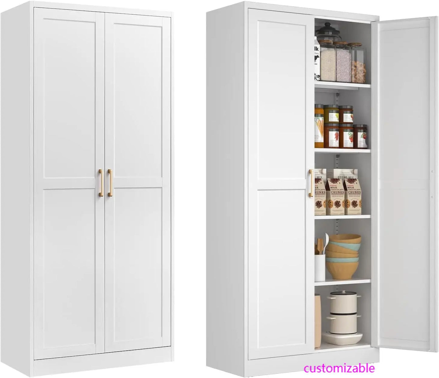 White Kitchen Pantry Cabinet, Pantry Storage Cabinet with Doors and Adjustable Shelves,71" Tall Freestanding Cupboard .