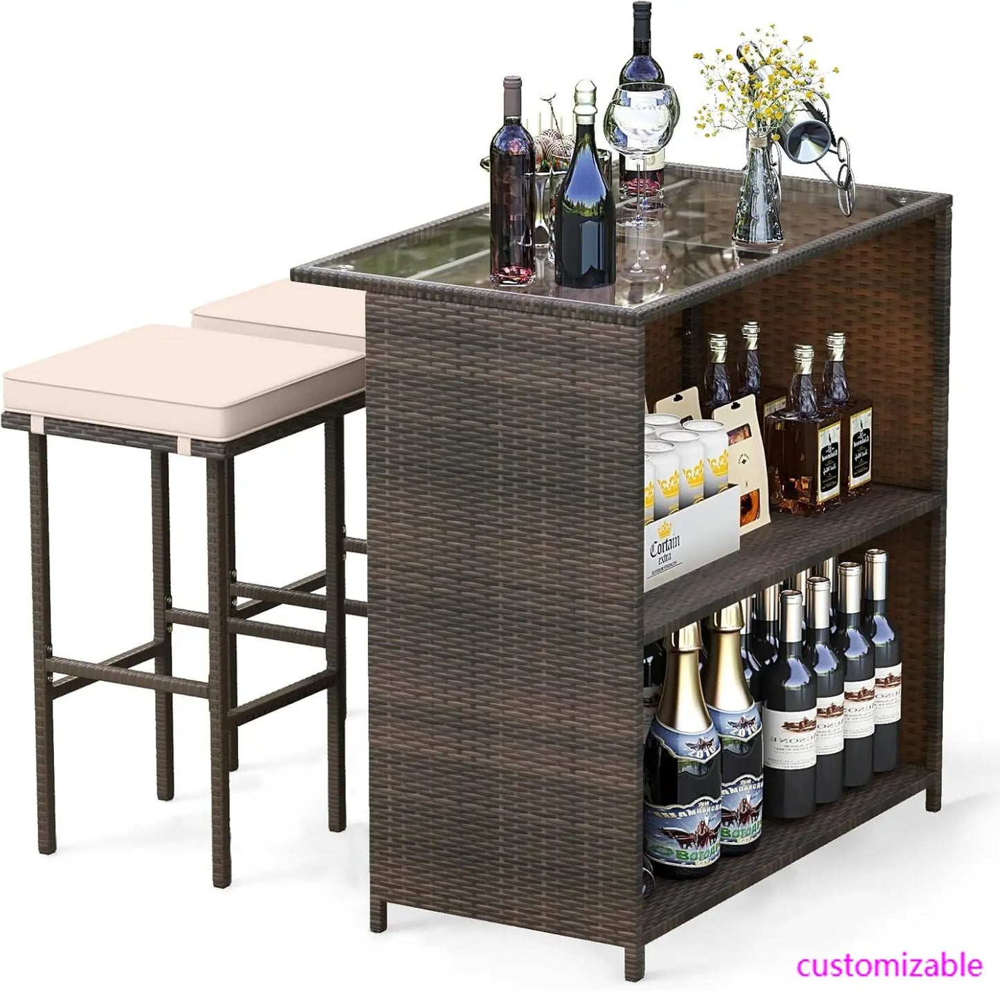 3 Piece Patio Bar Set, Outdoor Rattan Bar Table and 2 Stools with Tempered Glass Tabletop, 2-Tier Storage, Removable Cushions
