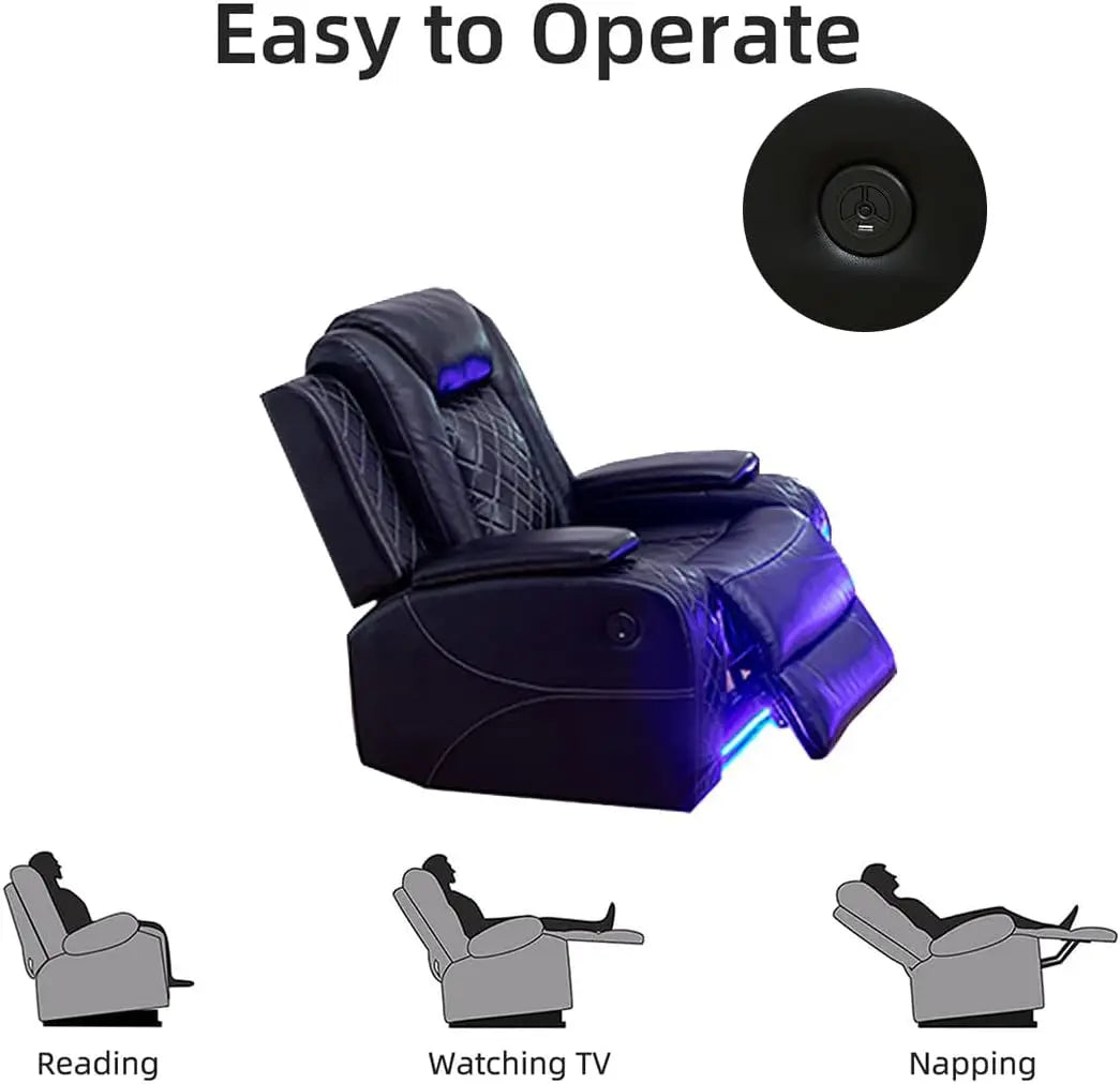 Hot salesPower Recliner Sofa Set, Black Leather 3 Pieces Sectional Couch, Living Room Furniture Sets with LED Light, Modern Powe