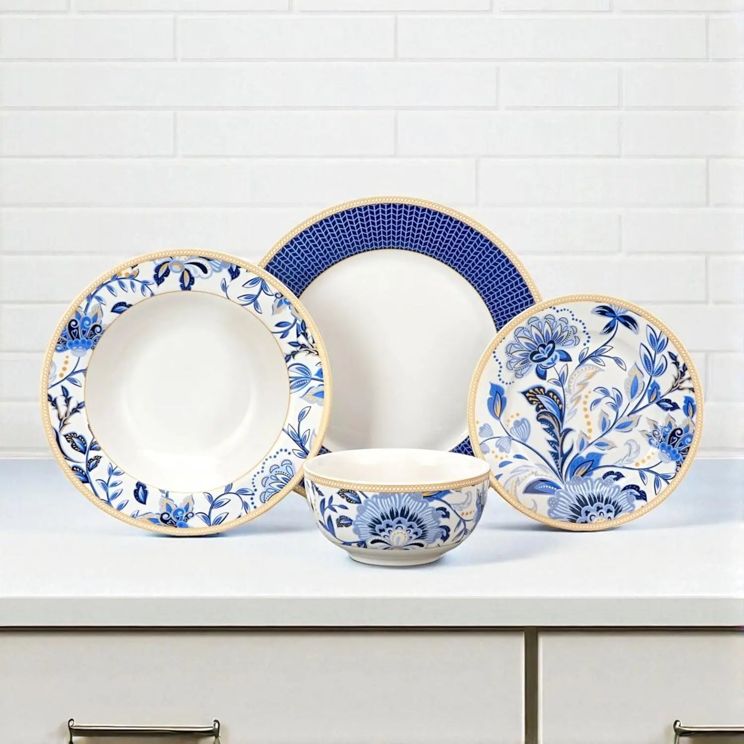Bone China Dinnerware Set of 24 for 6 pers. Dessert Plate Dinner Plate Soup Plate with Serving Bowls (Melodie de Fleurs)