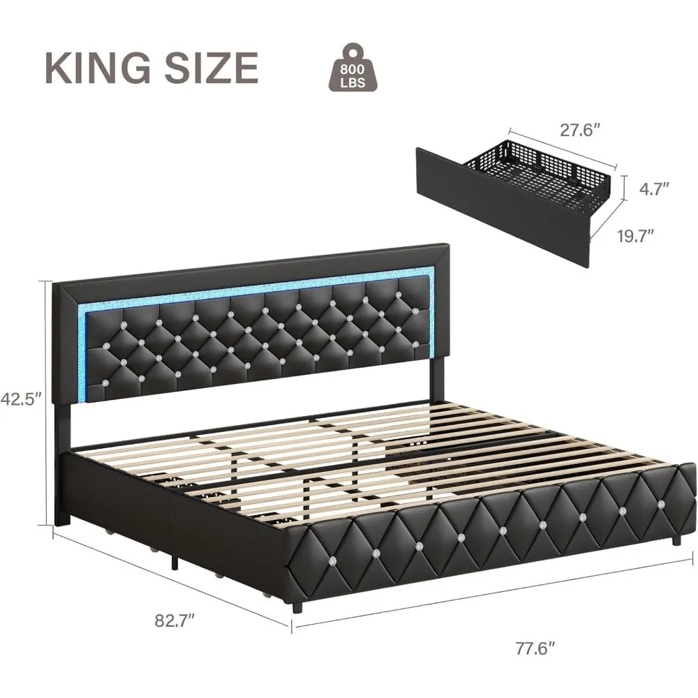 Luxurious King Size Bed Frame With LED Lighting And Storage