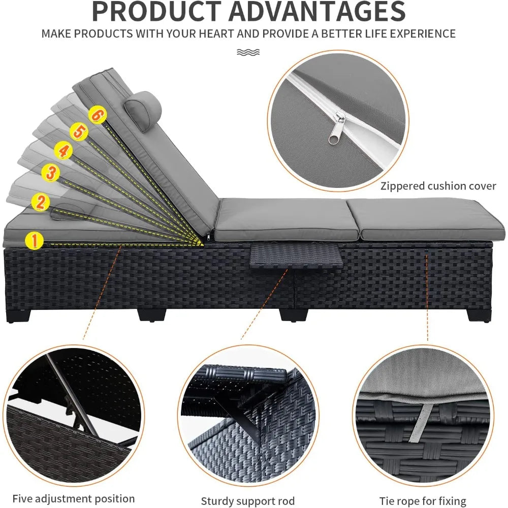 Outdoor Chaise Lounge Chairs for Outside Patio Furniture Set of 2 Wicker Recliner Black