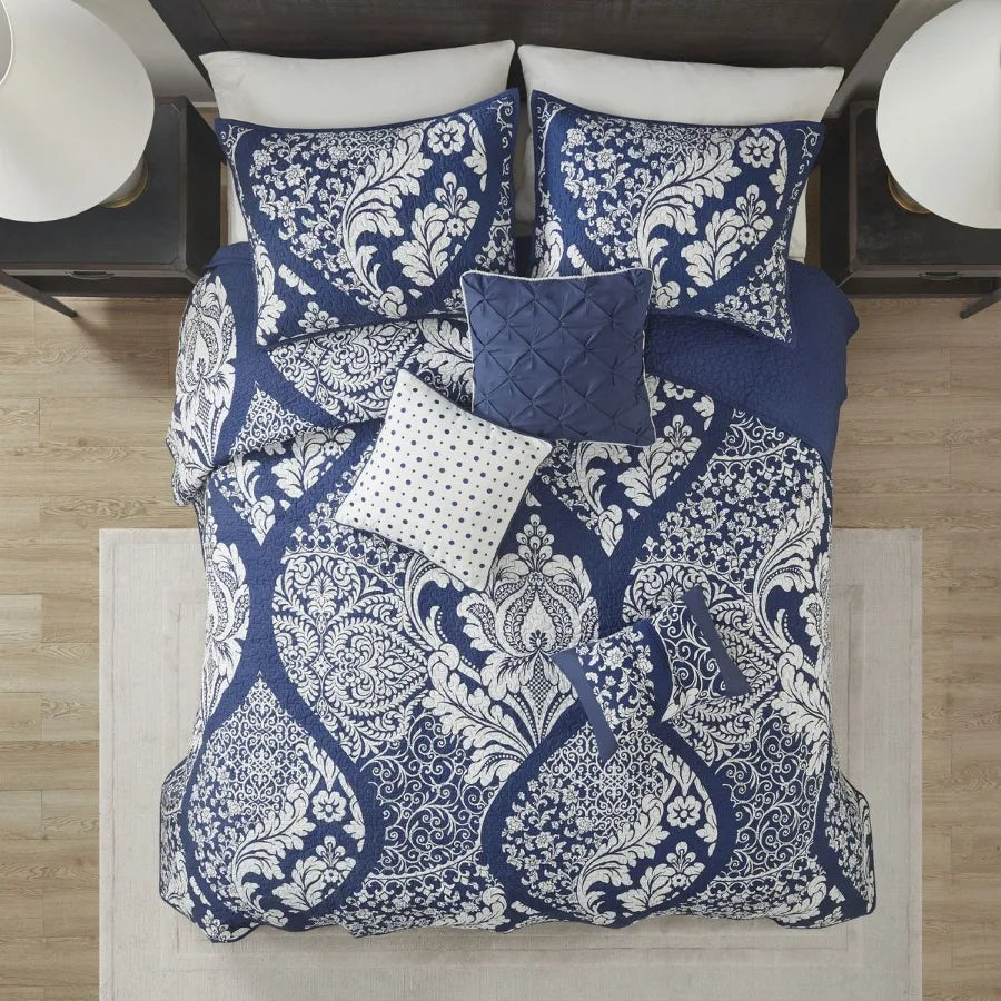 6 Piece Printed Cn Quilt Set with Throw Pillows Indigo King Cal King