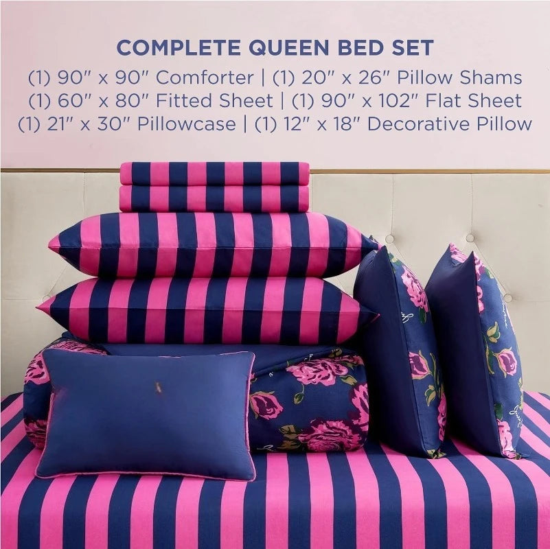 Rose Logo Queen Comforter Set Navy Pink 8 Piece Bedding