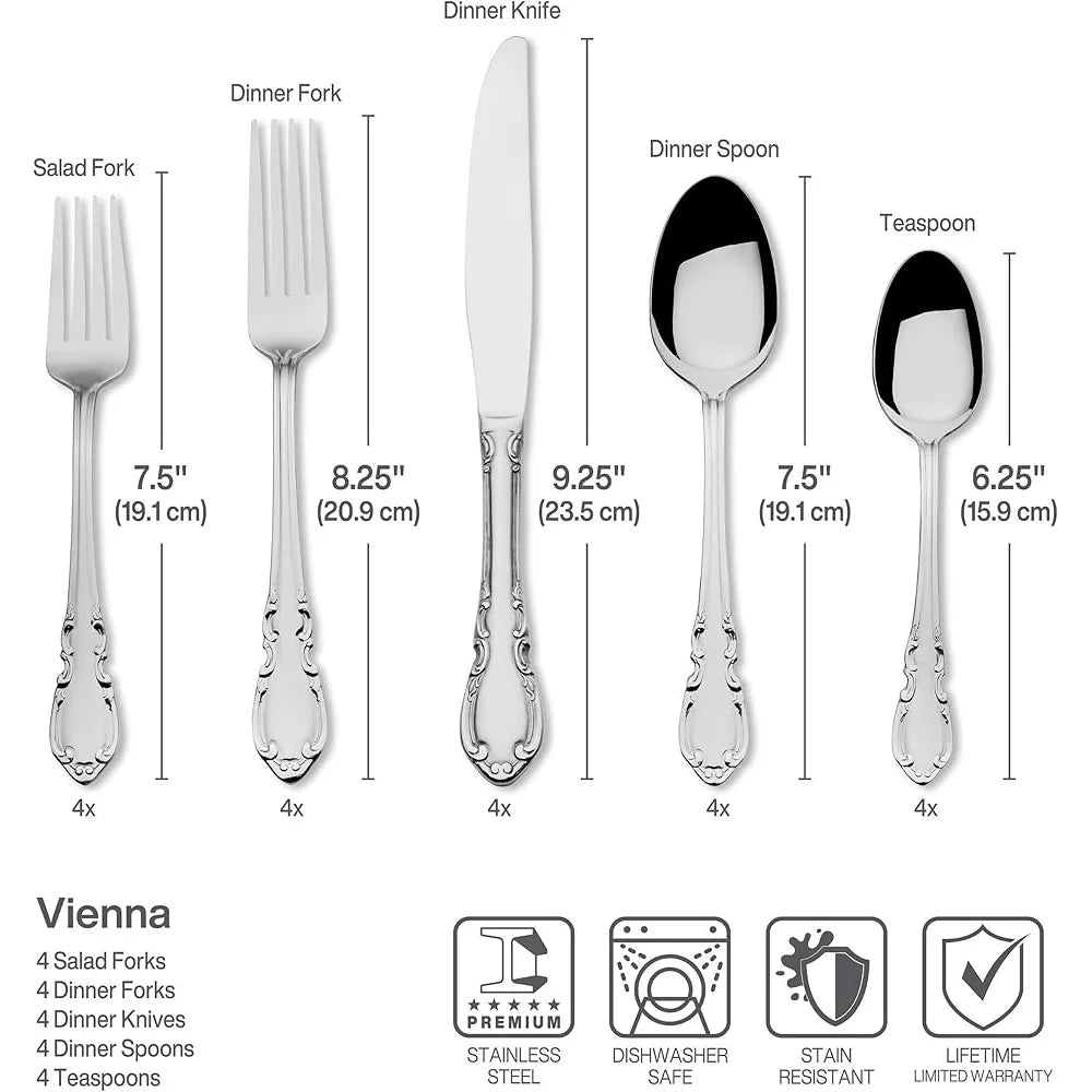 Vienna 20 Piece Flatware Set Service 4 Stainless Steel Silverware Elegant Dining Tableware Dishwasher Safe