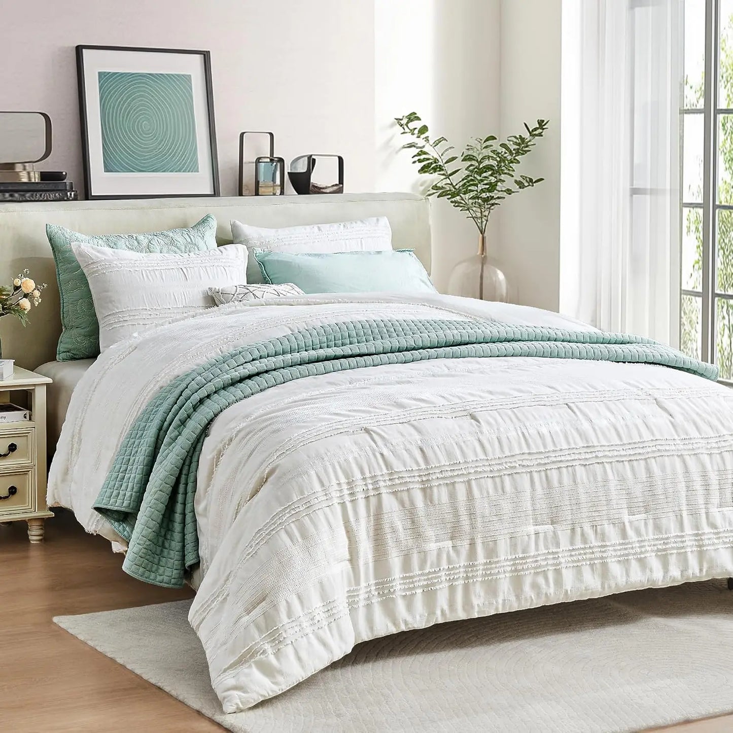 Dark Grey King Comforter Set With Striped Cotton Boho Shams