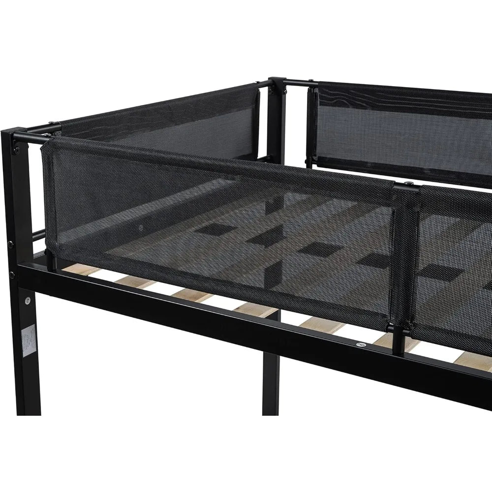 L-Shaped Triple Bunk Bed with Trundle for 4 Boys/Girls/Adults, Sturdy Metal Quad Bunk Beds Twin Over Twin w/Safety Textilene Gua