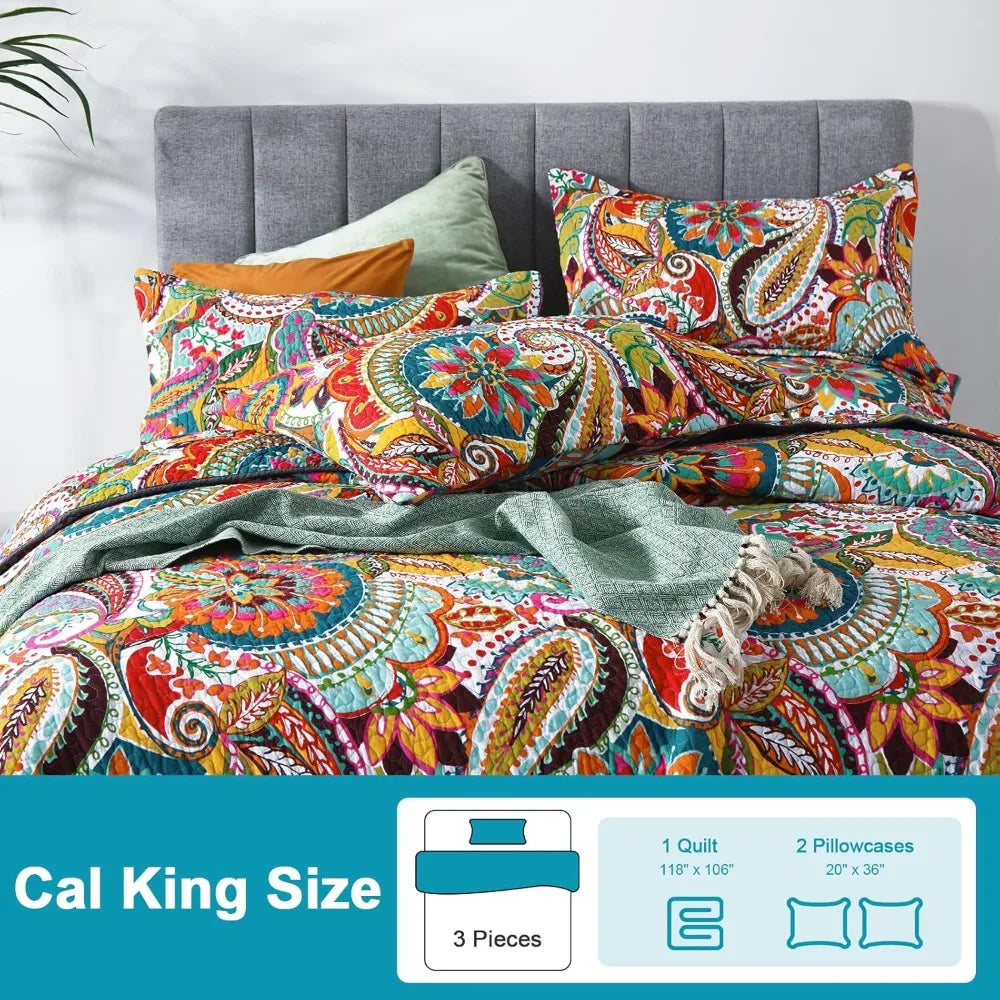Colorful Cotton Boho Paisley Quilt Set, 3-Piece Lightweight King Size Bedding with Pillows