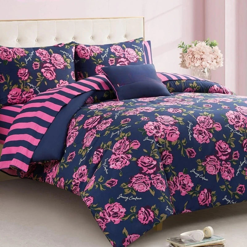 Rose Logo Queen Comforter Set Navy Pink 8 Piece Bedding