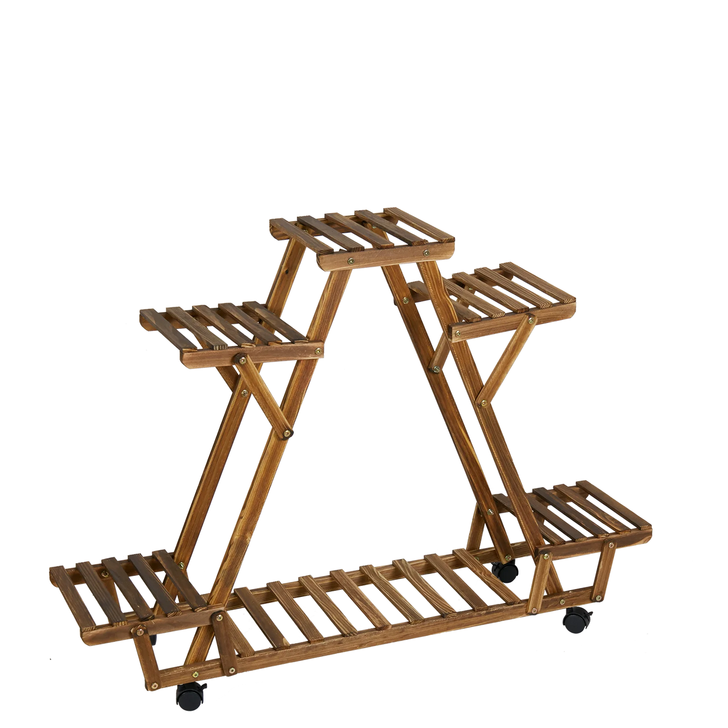 Triangular Plant Shelf 6 Potted Carbonized Wood Plant Holder Flower Pot Stand Display Storage Rack with Wheels for Garden