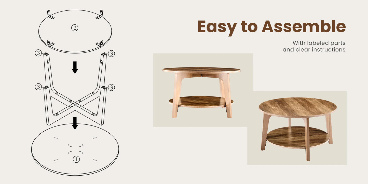 JHK 32 Inch Round Wood Coffee Table With Hidden Storage