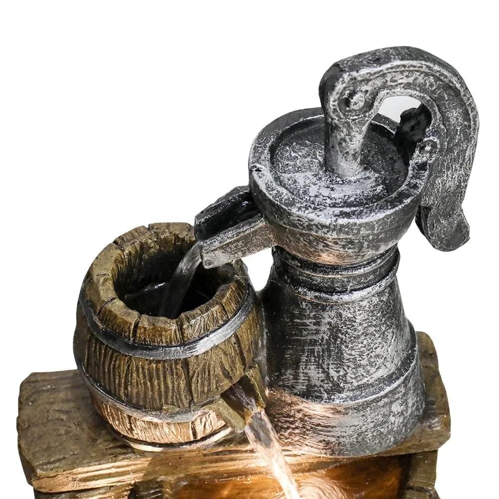 Rustic Barrel Five Tier Outdoor Fountain With LED Lights