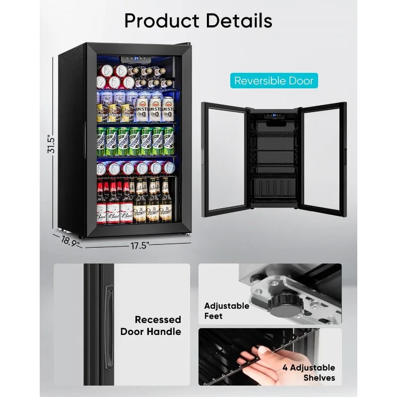 3.2 Cu.Ft Mini Fridge with Glass Door - 126 Can Beverage Refrigerator Cooler for Drink Beer Wine Soda,4 Adjustable Shelves,Black