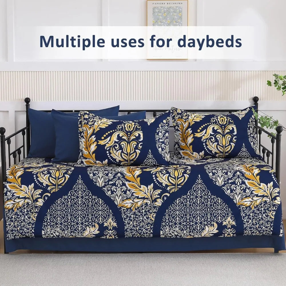 California King Comforter Set 7 Pieces Navy Blue Gold Damask