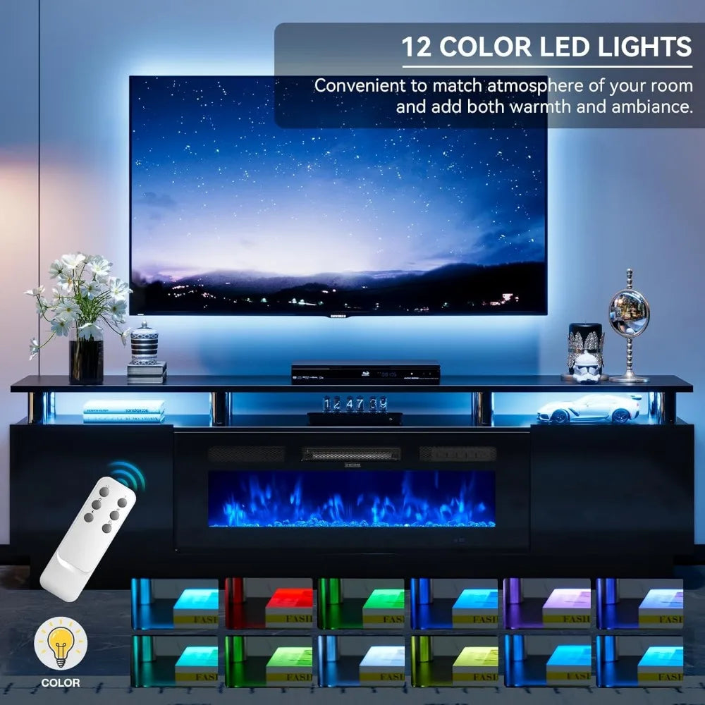 Fireplace TV Stand with 36" Fireplace, 70" Modern Electric Floating TV Stands Wall Mounted, TV Console Cabinet High Gloss Enter