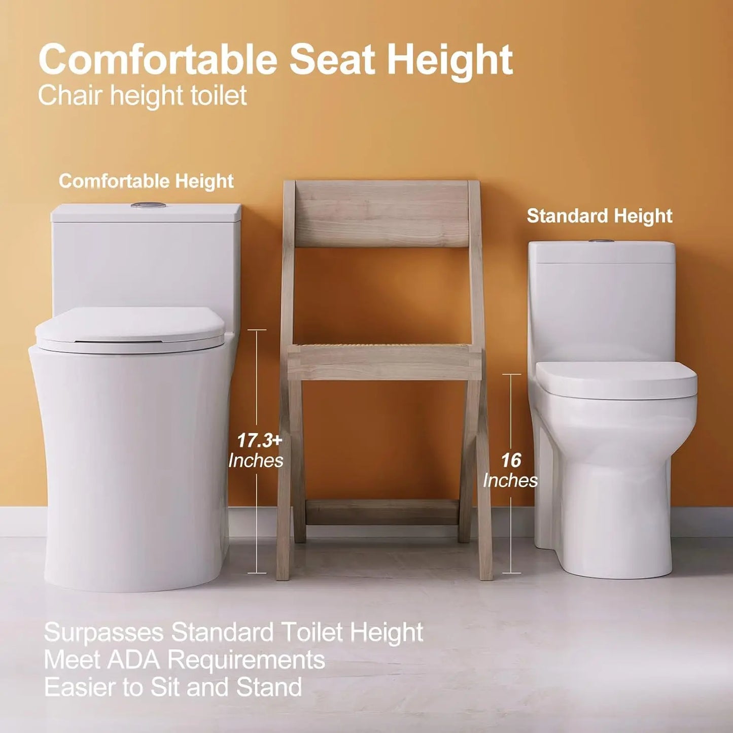 T0338W Compact One Piece Toilet with Comfort Chair Seat ADA Height 17.3", Elongated Dual Flush 0.8/1.28 GPF and MAP 1000g