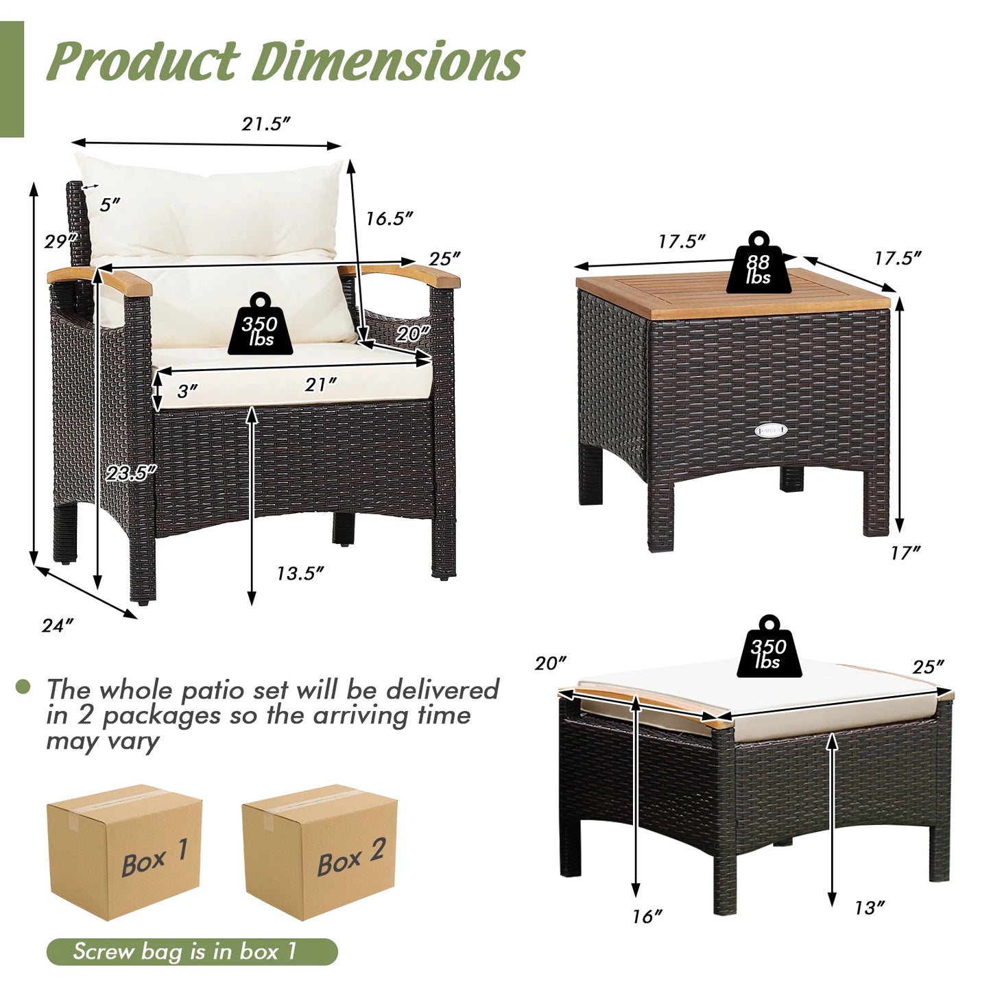 5PCS Patio Rattan Furniture Set Sofa Ottoman Cushioned Table W/Wood Top