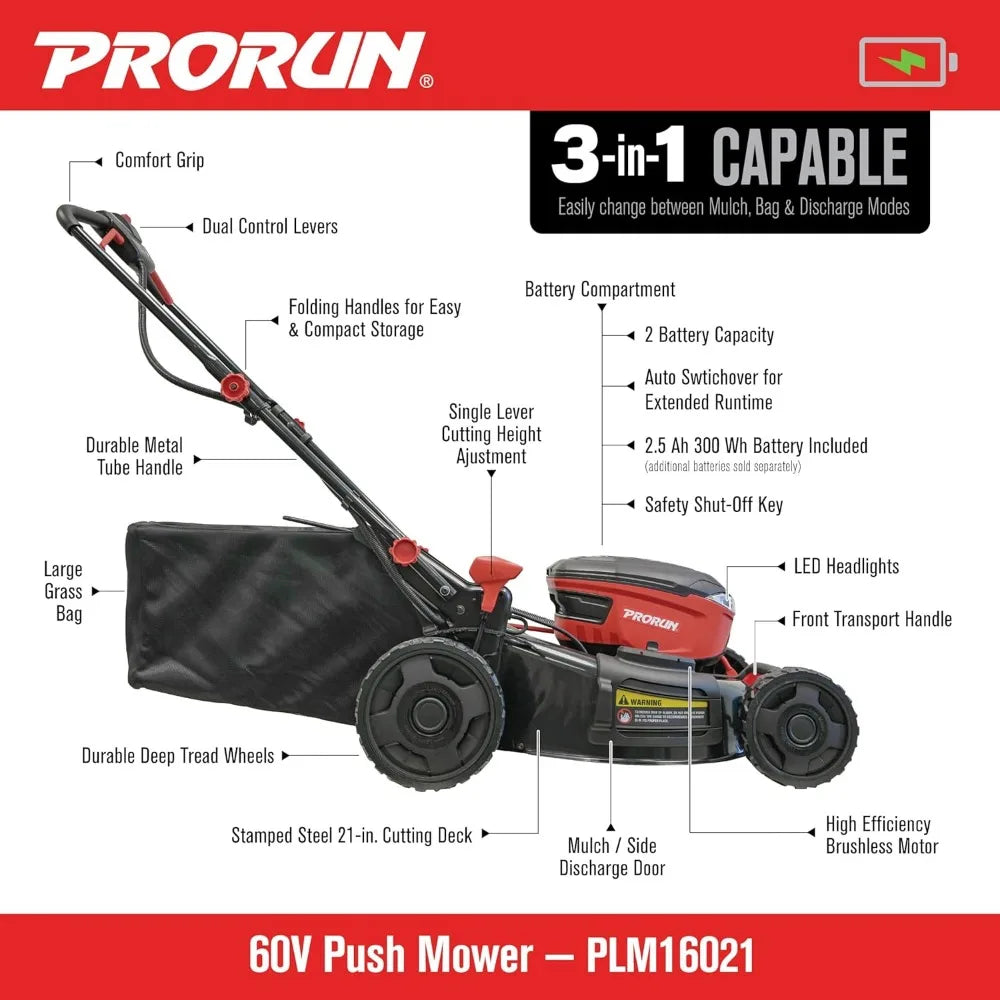 60V Cordless Lawn Mower With 21 Inch Steel Deck Battery