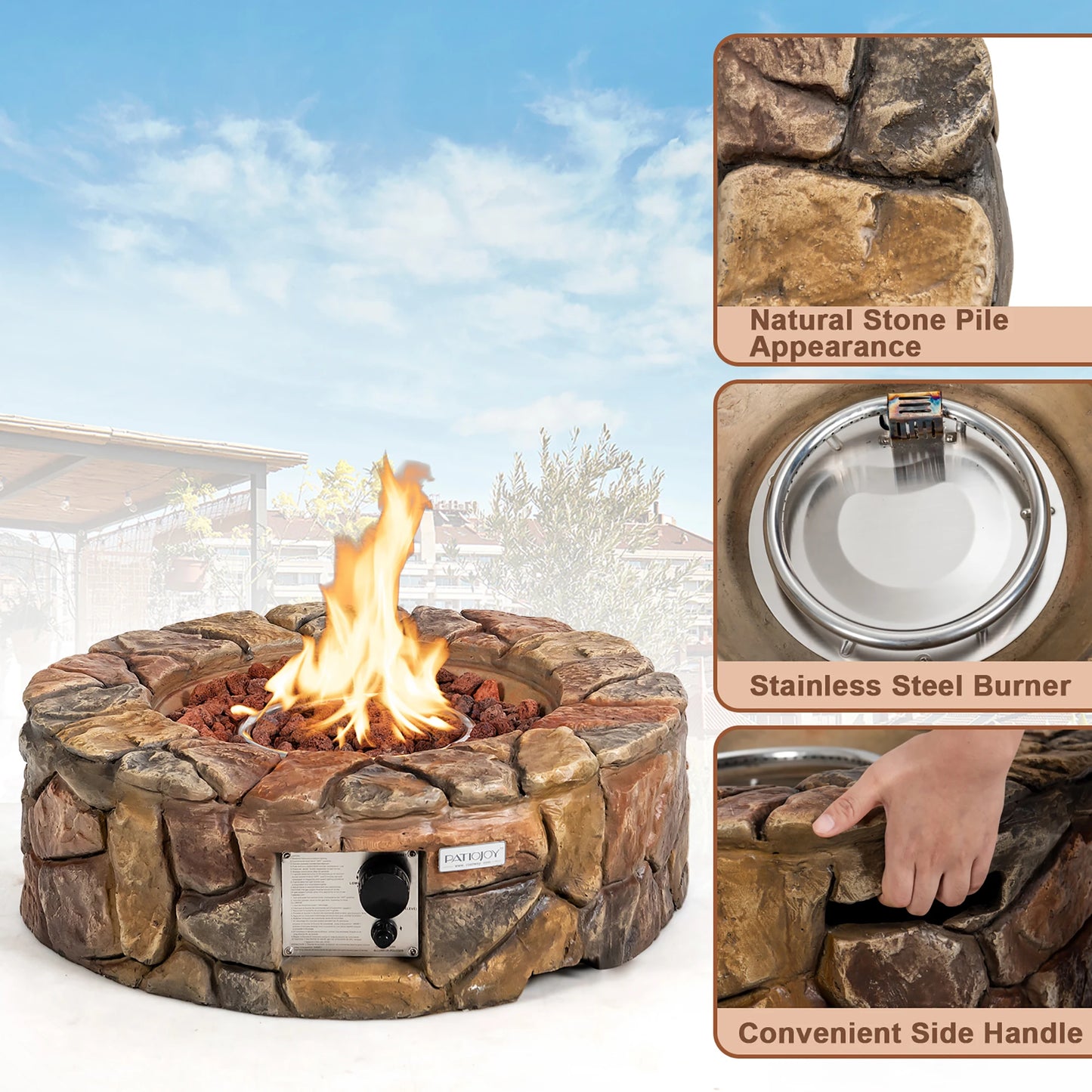 7-Piece Patio Rattan Set With Gas Fire Pit Table Cushions