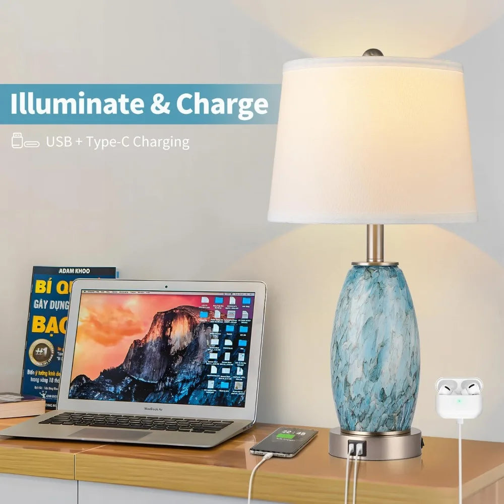 Table Lamps Set of 2 with 3-Way Lighting Modes, USB & Type C Ports - Coastal Modern Style Glass Nightstand Lamps for Living Room