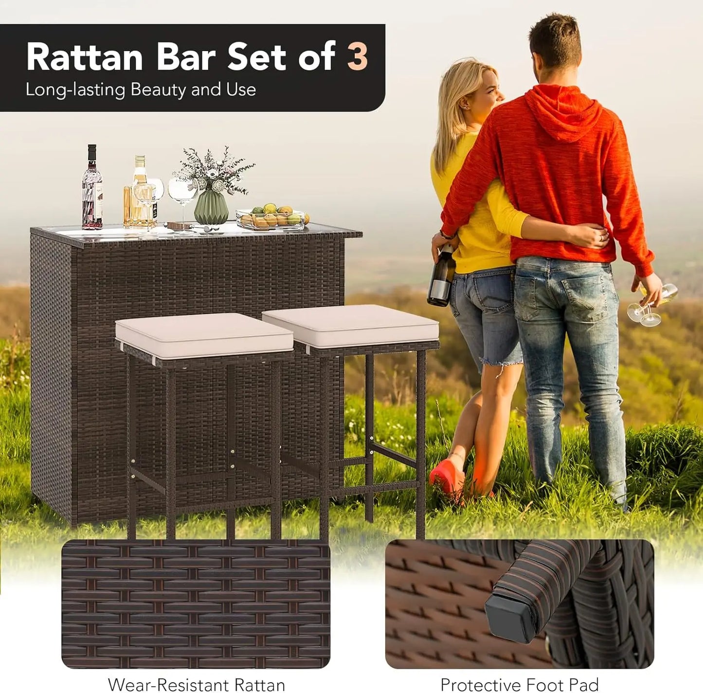 3 Piece Patio Bar Set, Outdoor Rattan Bar Table and 2 Stools with Tempered Glass Tabletop, 2-Tier Storage, Removable Cushions