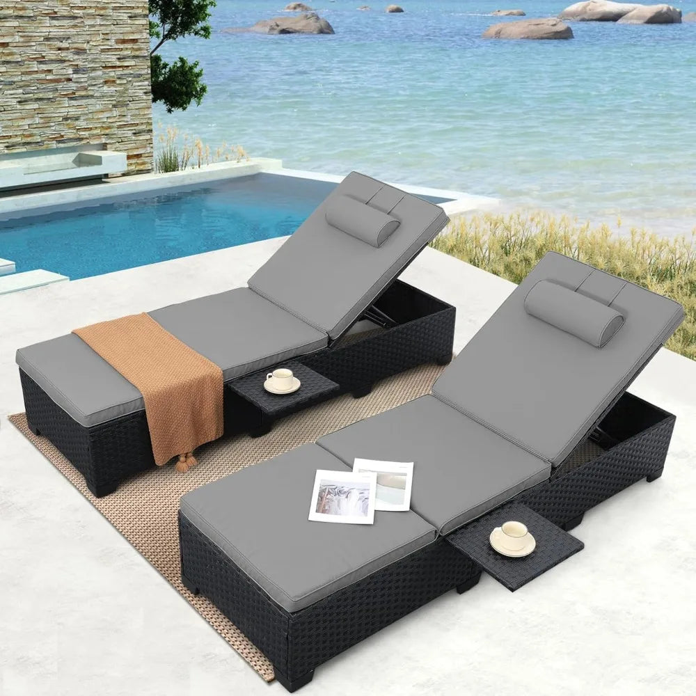 Outdoor Chaise Lounge Chairs for Outside Patio Furniture Set of 2 Wicker Recliner Black
