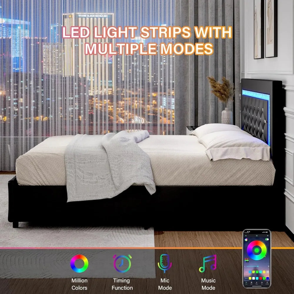 Luxurious King Size Bed Frame With LED Lighting And Storage