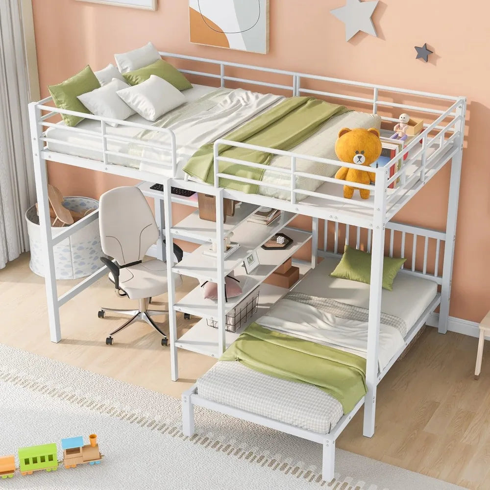 Harper & Bright Designs Full Over Twin Metal Bunk Bed with Built-in Desk, Shelves and Ladder, White