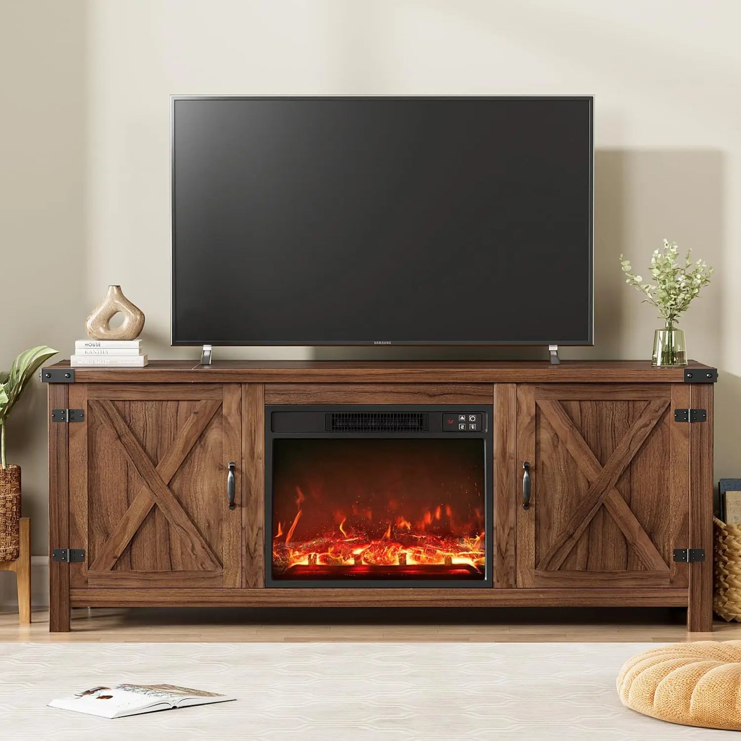 Modern Farmhouse TV Stand with Two Barn Doors and Storage Cabinets,Living Room Furniture,Entertainment Center Console Table