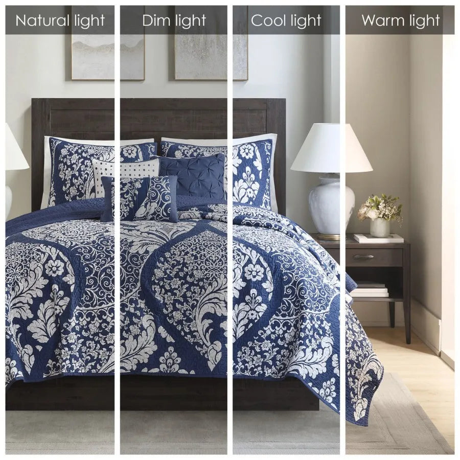 6 Piece Printed Cn Quilt Set with Throw Pillows Indigo King Cal King