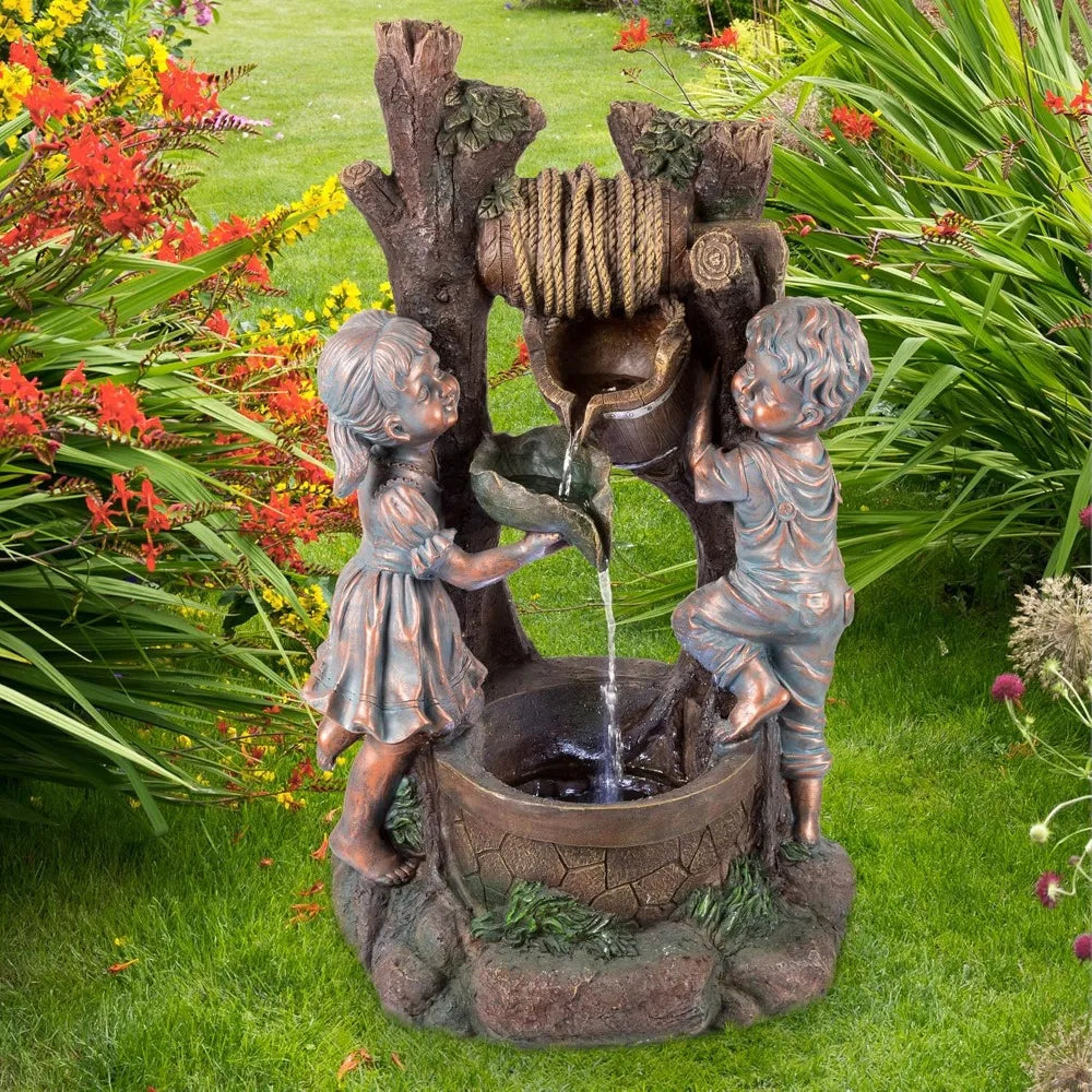 Outdoor Fountain With Cascading Waterfall And LED Lights