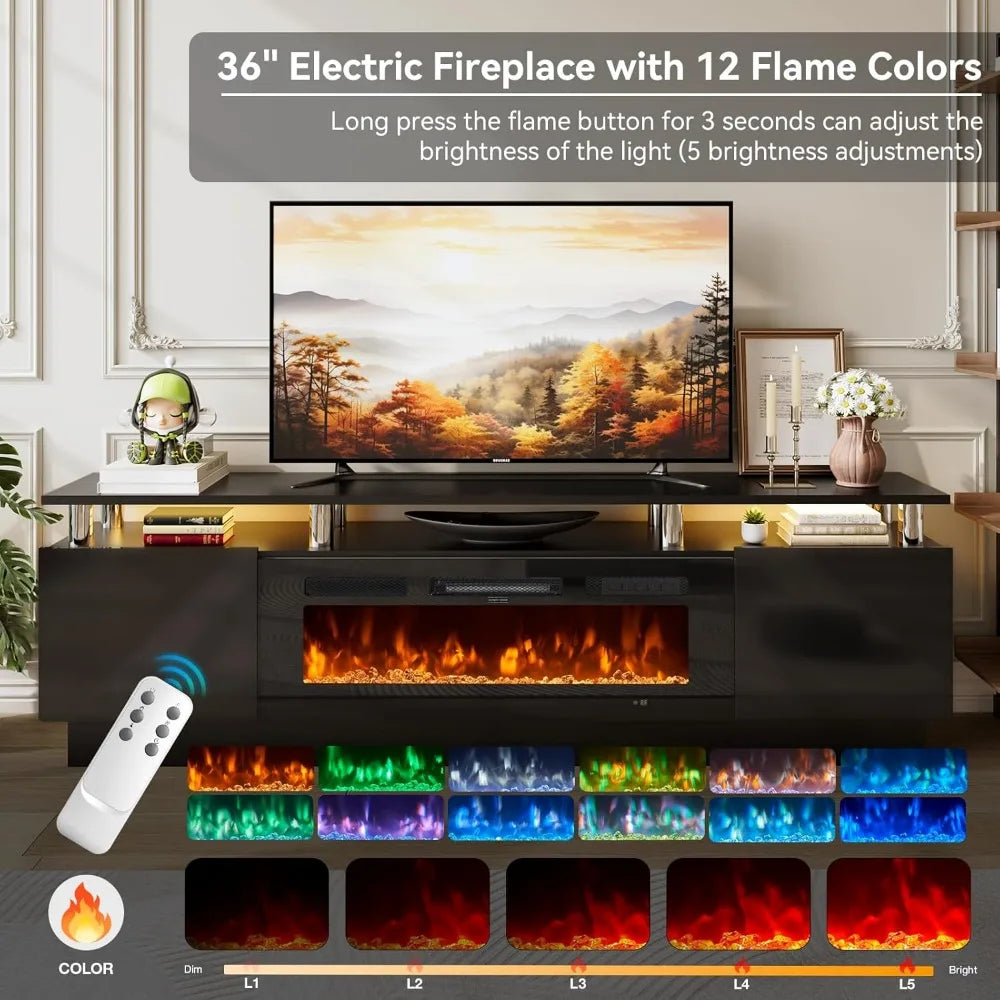 Fireplace TV Stand with 36" Fireplace, 70" Modern Electric Floating TV Stands Wall Mounted, TV Console Cabinet High Gloss Enter