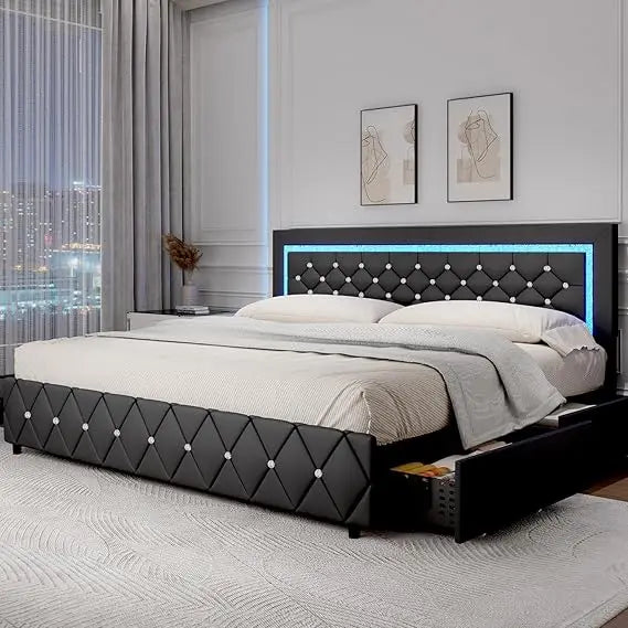 Luxurious King Size Bed Frame With LED Lighting And Storage