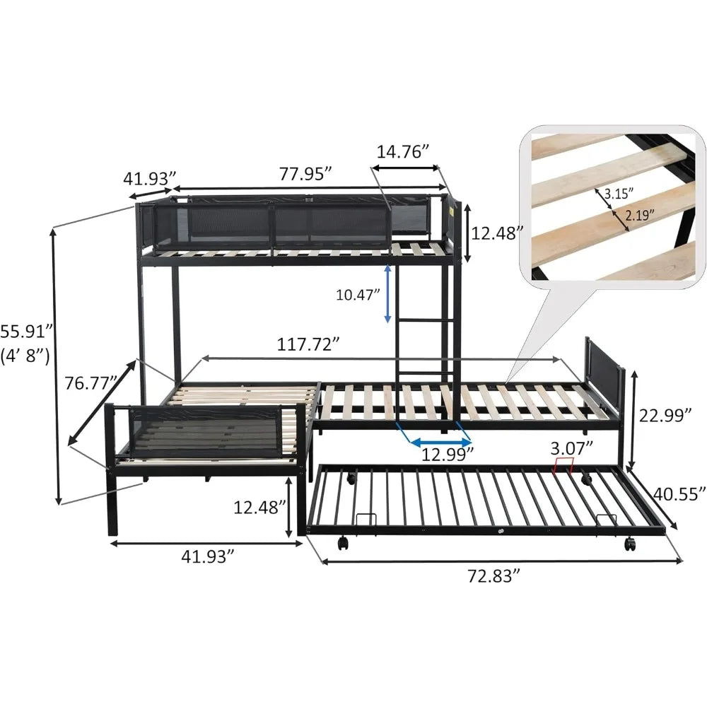 L-Shaped Triple Bunk Bed with Trundle for 4 Boys/Girls/Adults, Sturdy Metal Quad Bunk Beds Twin Over Twin w/Safety Textilene Gua