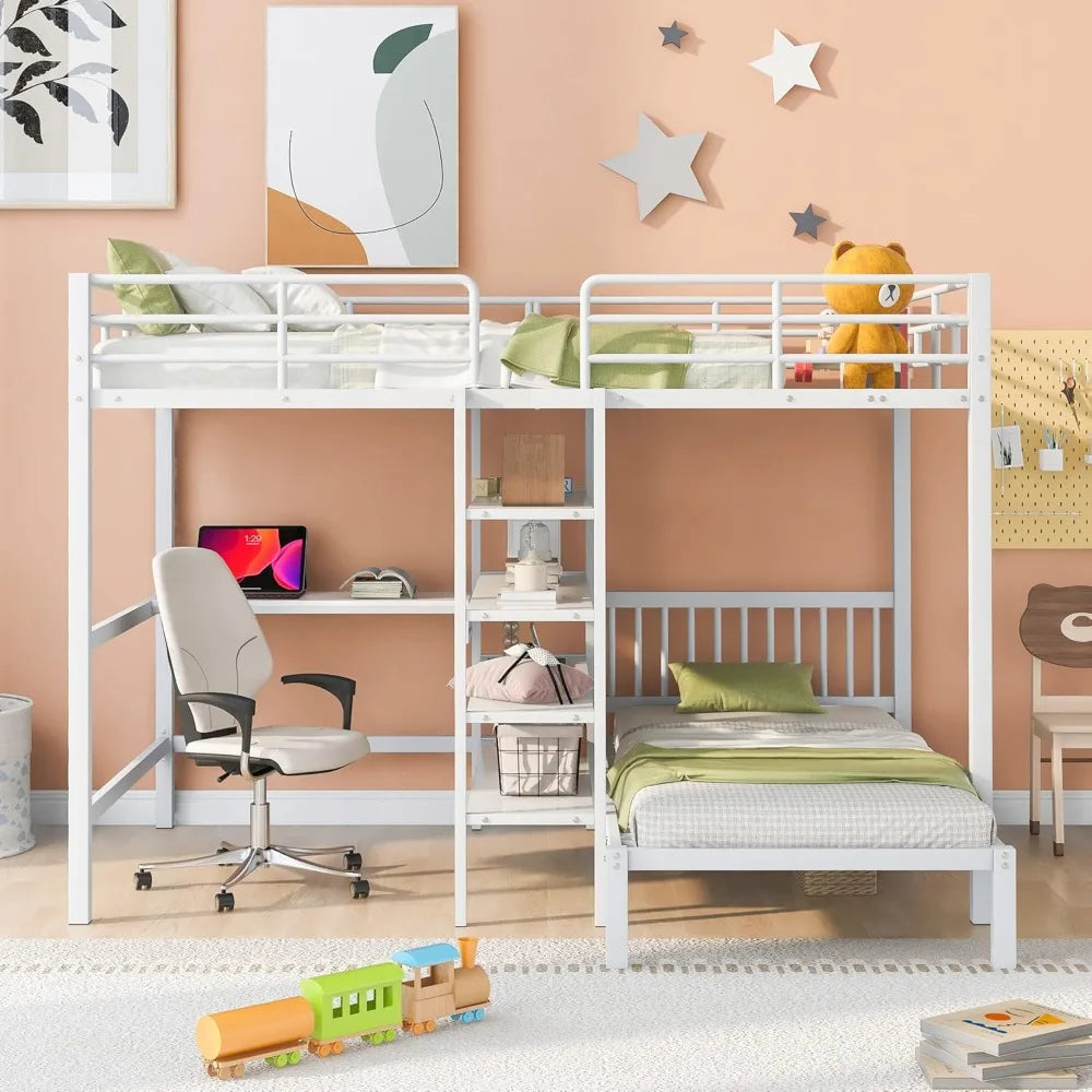 Harper & Bright Designs Full Over Twin Metal Bunk Bed with Built-in Desk, Shelves and Ladder, White
