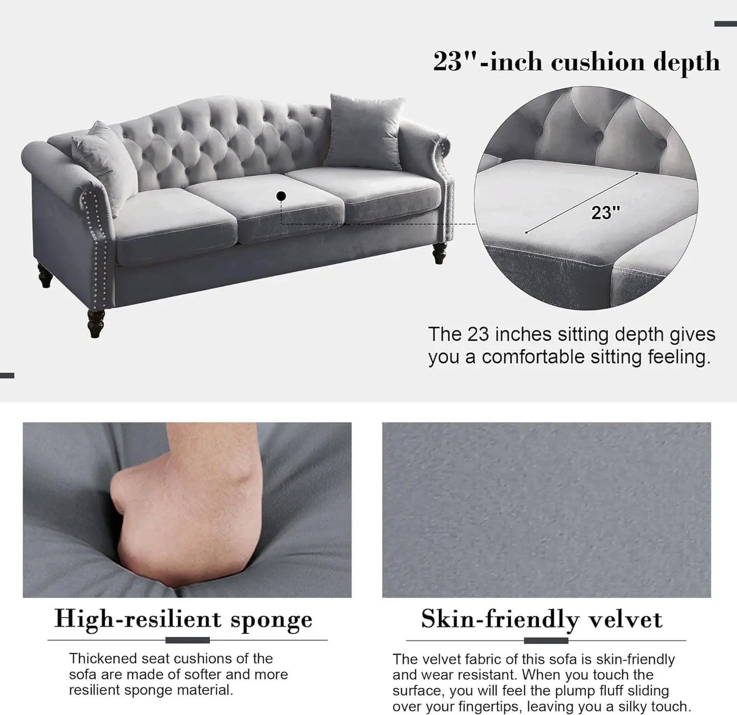 Chesterfield Velvet Sofa Set 3-Seater and Loveseat with Pillows Rolled Arms Nailhead Trim Classic Design Living Room Bedroom